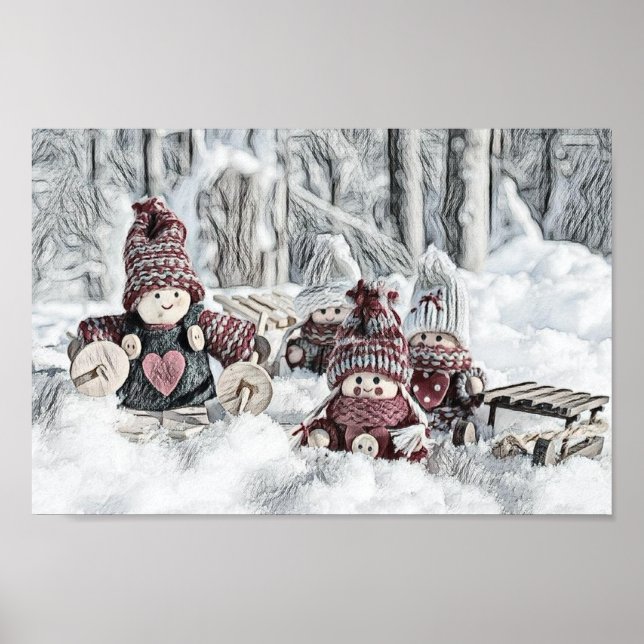 Affiche Dessin vintage de Gnomes dans la neige (Devant)