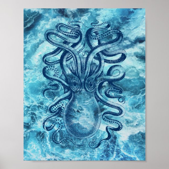 Affiche Dessin Vintage Graphique Blue Sea Waves & Octopus (Devant)
