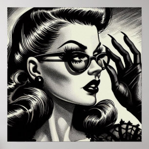 Affiche Dessin vintage pour fille noir et blanc