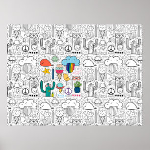 Affiche Dessins Doodle à colorier, Chats, Nuages, Cactus