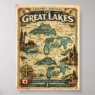 Affiche Destination carte ancienne des Grands Lacs