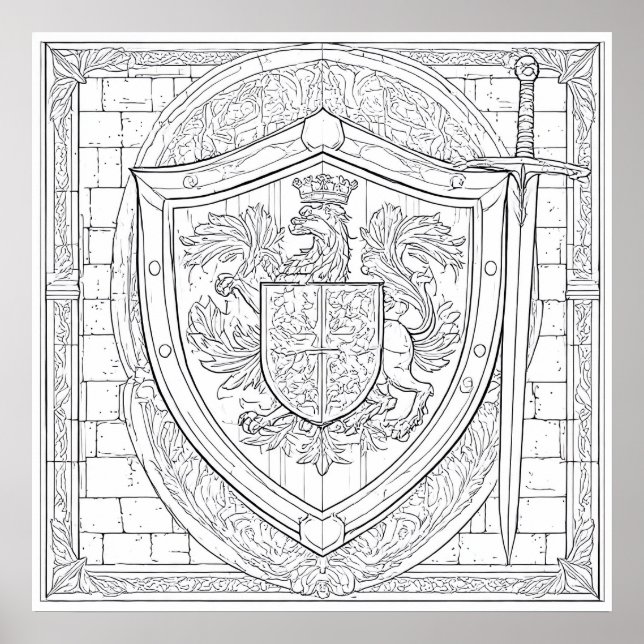 Affiche Detailed Knight's Heraldic Shield Coloring Page (Devant)