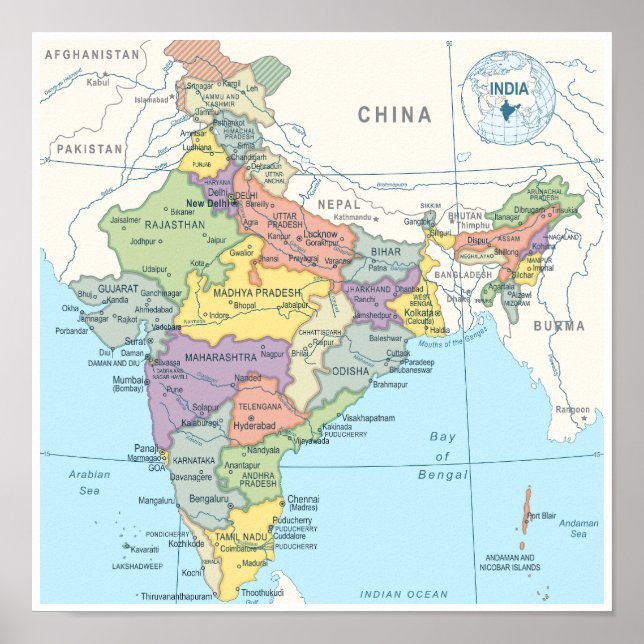 Affiche Detailed Map of India (Devant)