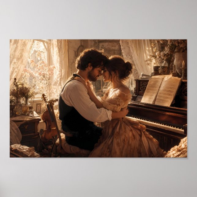 Affiche d'étreinte romantique au piano dans une lu (Devant)