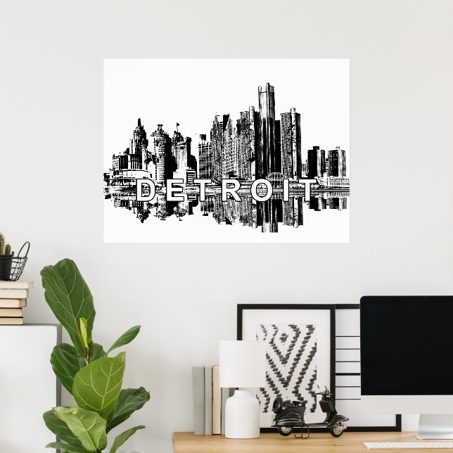 Affiche Detroit, Michigan à encre noire (Bureau à domicile)