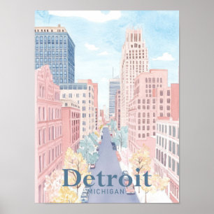 Affiche Détroit Michigan Aquarelle Peinture Voyage