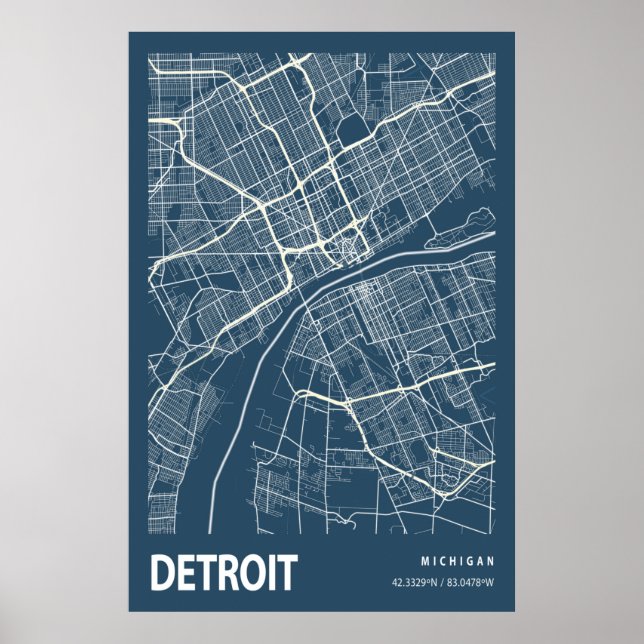 Affiche Détroit Michigan City Map Line Art Blue Print (Devant)