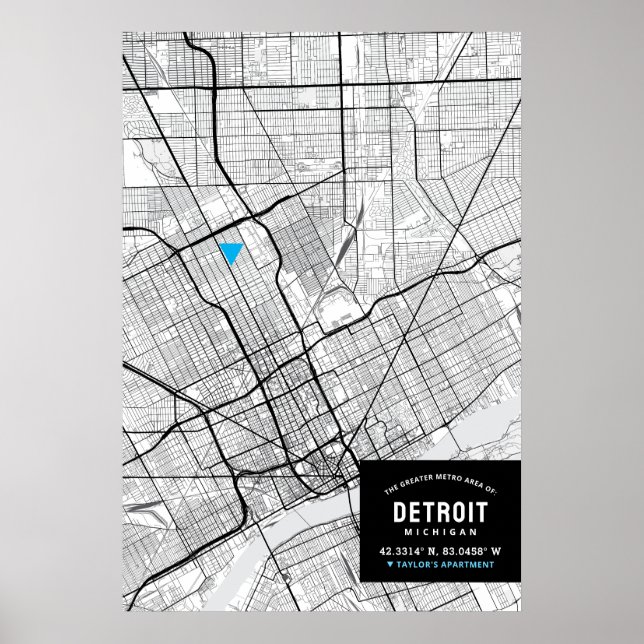 Affiche Detroit, Michigan City Map + Marquer Votre Emplace (Devant)