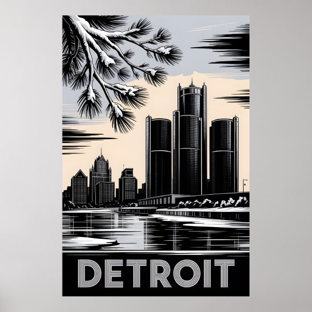 Affiche Detroit Skyline Black and White Woodcut Winter (Devant)