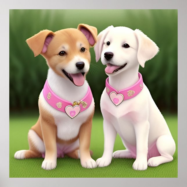 Affiche Deux adorables chiots assis sur de l'herbe (Devant)
