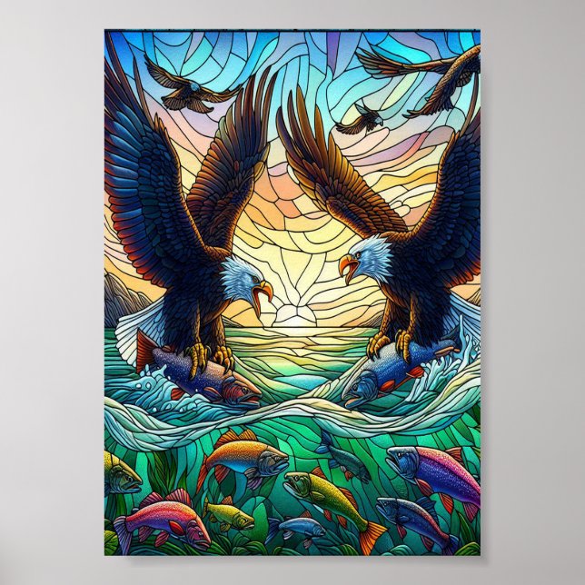 Affiche Deux aigles à tête blanche qui capturent du poisso (Devant)