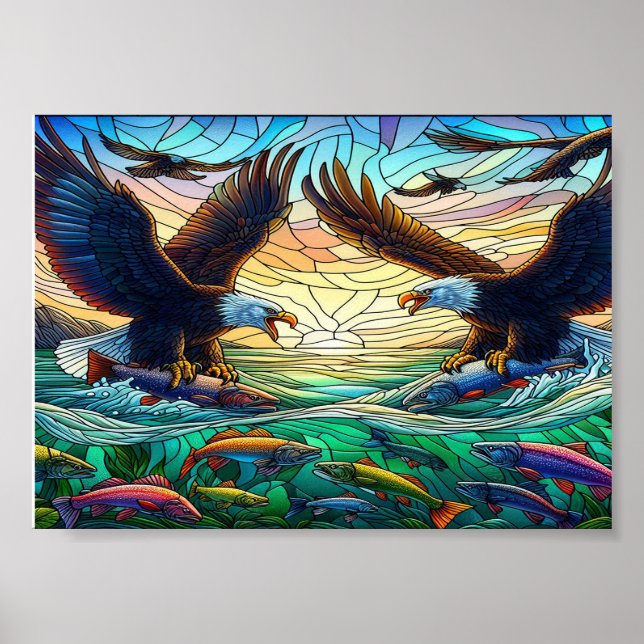 Affiche Deux aigles chauds qui capturent du poisson sur l' (Devant)