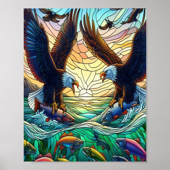 Affiche Deux aigles chauves qui capturent du poisson sur l (Devant)