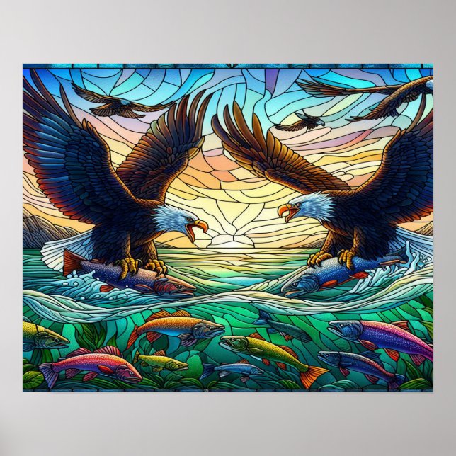 Affiche Deux aigles chauves qui capturent du poisson sur l (Devant)