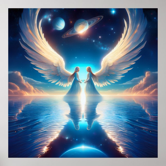 Affiche Deux anges debout sur l'eau avec les ailes déployé (Devant)