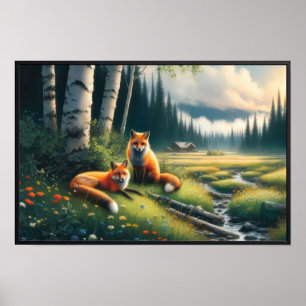 Affiche Deux beaux renards roux se reposant
