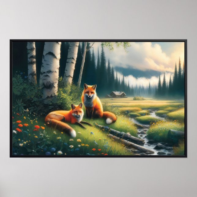 Affiche Deux beaux renards roux se reposant  (Devant)