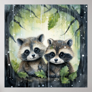 Affiche Deux bébés ratons laveurs sous la pluie