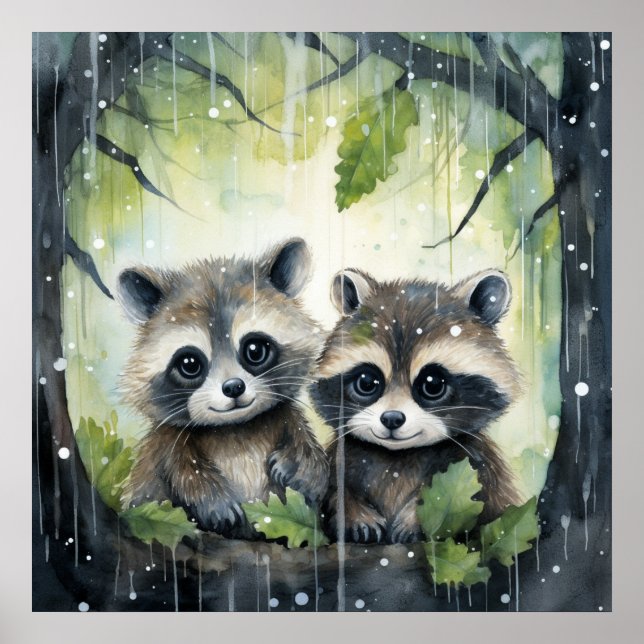 Affiche Deux bébés ratons laveurs sous la pluie (Devant)