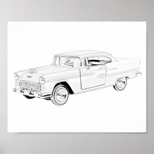 Affiche Deux Bel Air 1955 noir et blanc de Chevy de ton