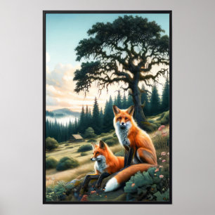 Affiche Deux Belles aquarelles Red Foxes Repose
