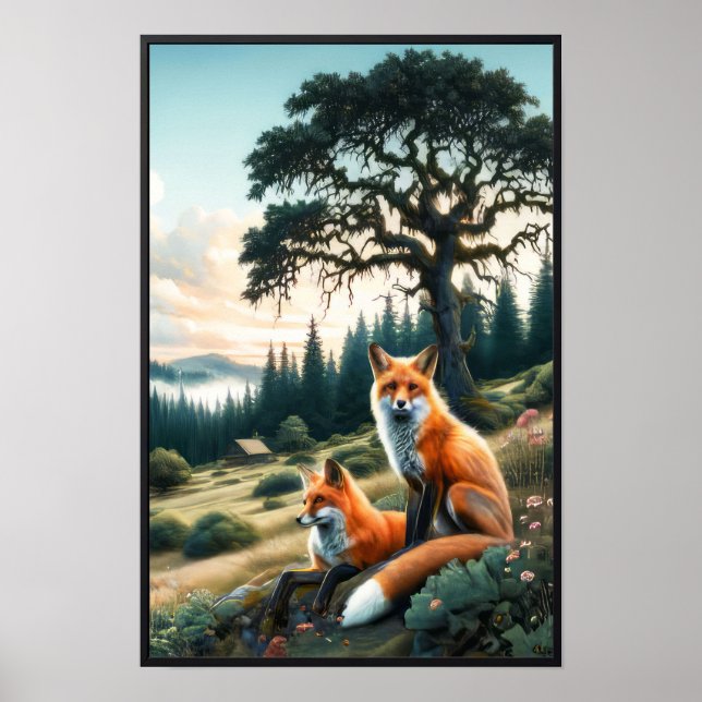 Affiche Deux Belles aquarelles Red Foxes Repose (Devant)