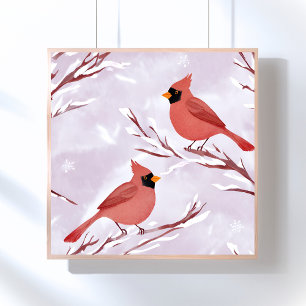 Affiche Deux cardinaux rouges   Peinture à l'aquarelle