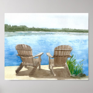 Affiche Deux chaises de plage au bord du lac, aquarelle