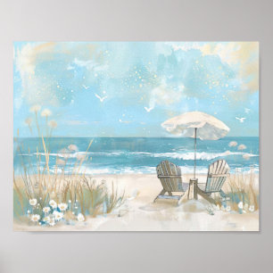 Affiche deux chaises en bois et un parasol sur une plage