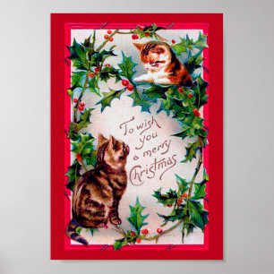 Affiche Deux chatons et Noël Holly