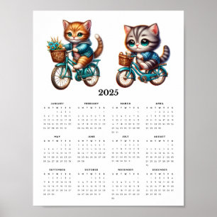 Affiche Deux chats à cheval bicyclettes 2025 Calendrier mu
