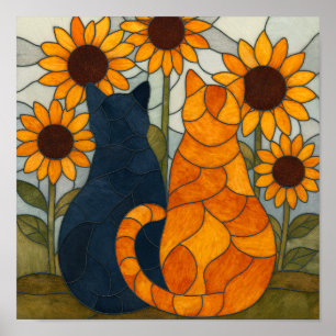 Affiche Deux Chats avec Tournesols Motif de Vitrail