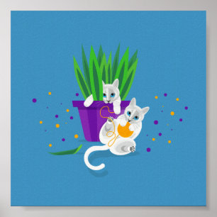 Affiche Deux chats blancs géométriques qui jouent autour