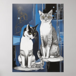 Affiche Deux chats gris sur un Arrière - plan Abstrait