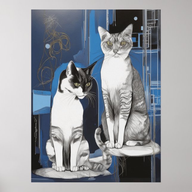 Affiche Deux chats gris sur un Arrière - plan Abstrait (Devant)