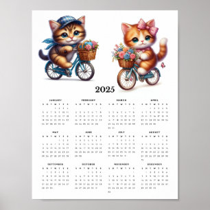 Affiche Deux chats mignons équitation vélos 2025 Calendrie