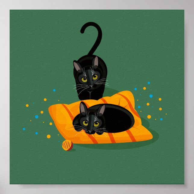 Affiche Deux chats noirs géométriques un assis sur le cous (Devant)