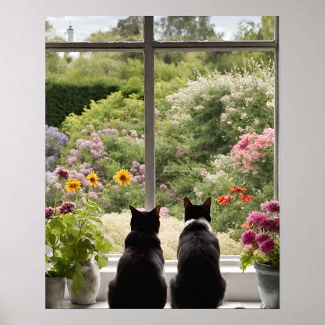 Affiche Deux chats regardent le mur de la fenêtre (Devant)