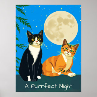 Affiche Deux chats sous la Pleine lune