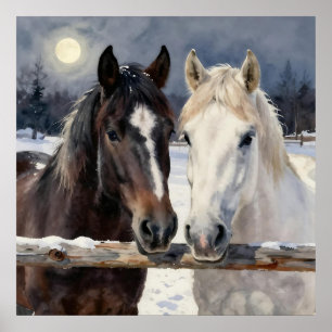 Affiche Deux chevaux dans une ferme enneigée sous la lune