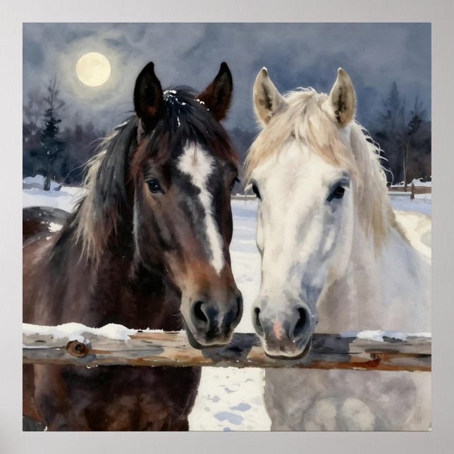 Affiche Deux chevaux dans une ferme enneigée sous la lune (Devant)
