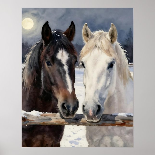 Affiche Deux chevaux dans une ferme enneigée sous la lune (Devant)