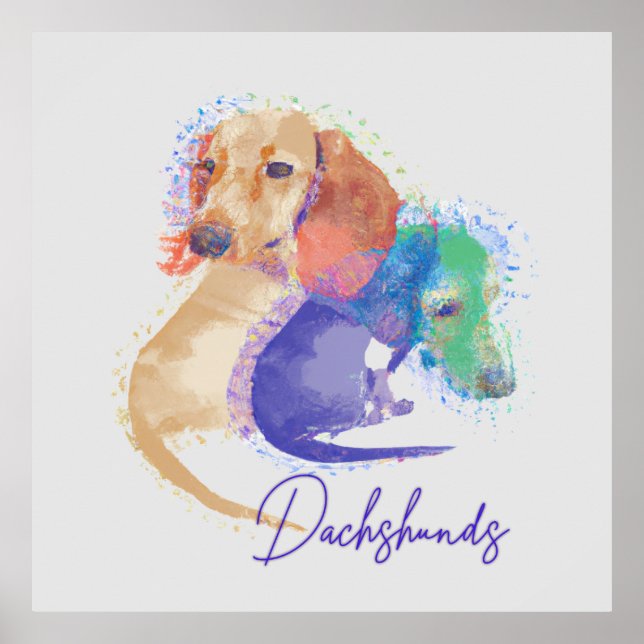 Affiche Deux Chiens Dachshund Aquarelle couleur mignonne (Devant)