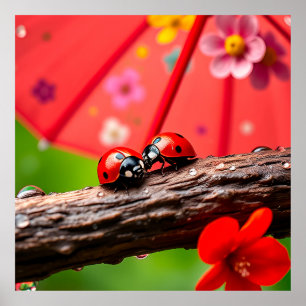 Affiche Deux coccinelles se reposant sur une brindille