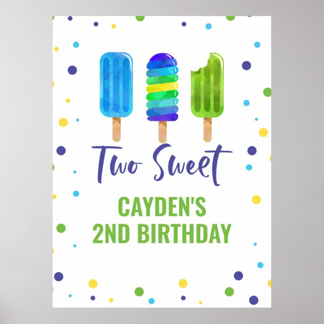 Affiche Deux Cool 2e Anniversaire Glace Bleue Verte (Devant)