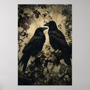 Affiche Deux corbeaux dans une forêt florale sombre imprim