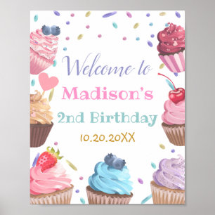 Affiche Deux Cupcake sucré 2e fête de bonbons d'anniversai