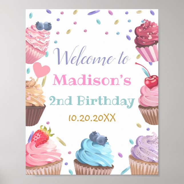 Affiche Deux Cupcake sucré 2e fête de bonbons d'anniversai (Devant)