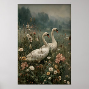 Affiche Deux cygnes Art antique imprimable, Fleur de cygne