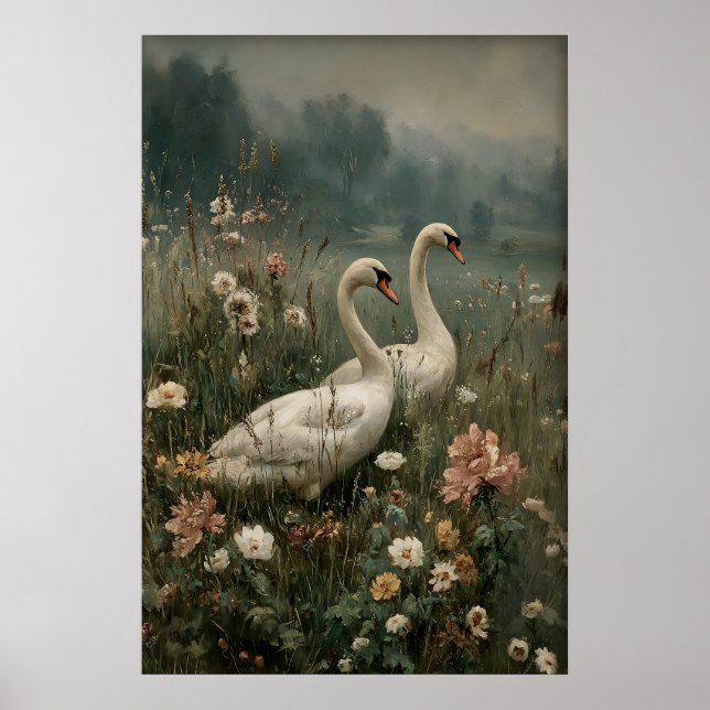 Affiche Deux cygnes Art antique imprimable, Fleur de cygne (Devant)